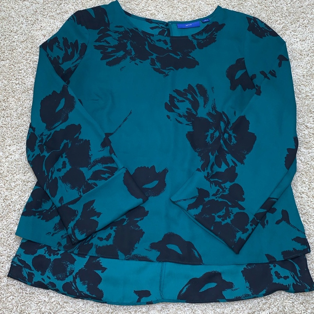 APT 9 emerald green black floral tunic blouse women’s SZ S polyester